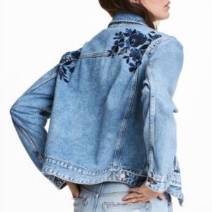 H&M Denim Navy Floral-Embroidered Trucker Jacket